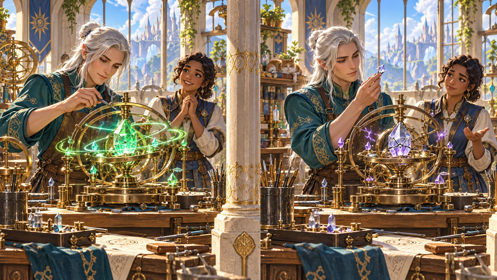 Two illustrated fantasy moments show a skilled artisan, a witness and a crystal mechanism under contrasting circumstances.
