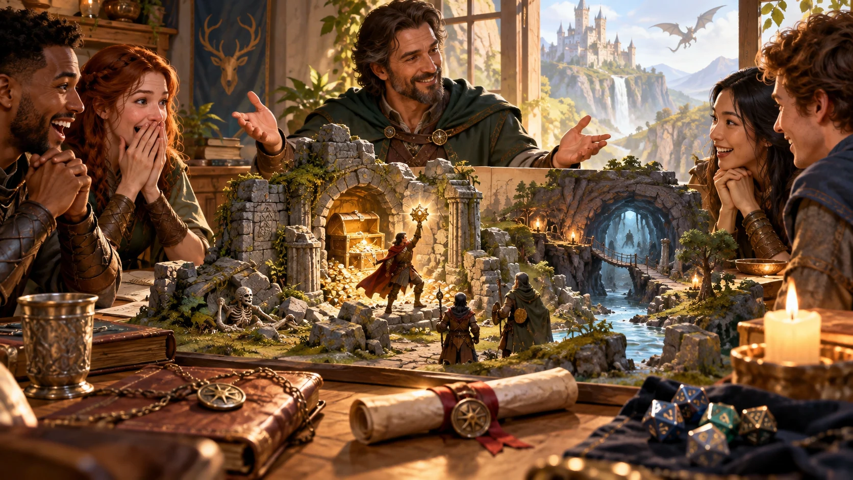 A storyteller and companions react to an illustrated adventure scene with treasure, ruins and possible next steps.