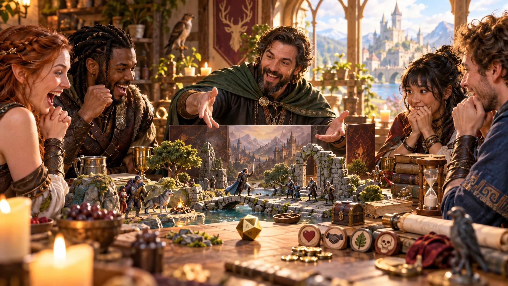 A storyteller and fantasy companions shape a table moment around a rolled die and a miniature adventure scene.
